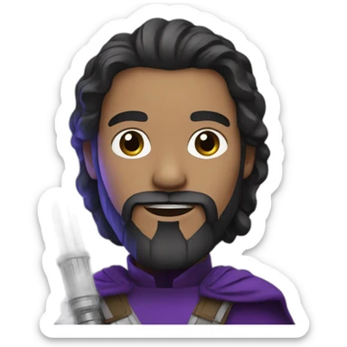 A white Portuguese with black and medium-length hair and a beard that holds a purple lightsaber sticker