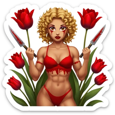 sexy tanned slavic girl, with bloody knives, sexy and muscled, golden curly flowers, flexing pose, full body nude, beautiful eyes with makeup, colored lips, makeup, earrings, tattoes, muscled and nude, surrounded by dark red tulips sticker
