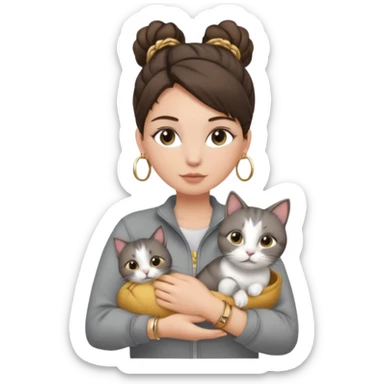 a white girl with brunette hair in a messy bun holding a grey cat. the girl has long lashes and has on a grey zip up that is half way zipped and under a white shirt and gold jewelry that is hoop earrings and gold bracelets. sticker