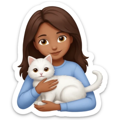 A brown skinned brunette girl hugging a white cat sticker