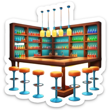 A 3D cartoon bar interior with a counter, glowing shelves of colorful bottles, tall stools, and hanging lights, warm ambient lighting, realistic reflections, Memoji-style. sticker