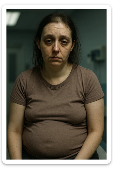 realistic portrait of a woman with PCOS, debilitated appearance, evident symptoms like dull skin, dark circles, thinning hair, abdominal bloating, fatigued posture, clinical atmosphere, detailed realism, dramatic lighting, vertical 2:3 aspect ratio, no captions sticker