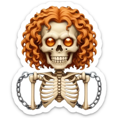 cinematic  steam-punk Megadeth iconic skeleton mascot with a rusty chain in his teeth, huge curly orange hair sticker
