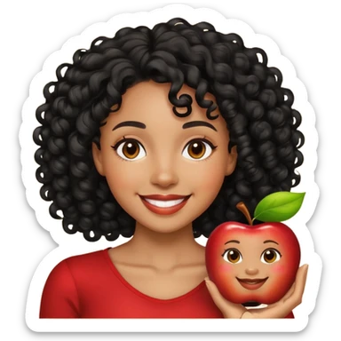 Memoji-style emoji of a light-skinned Black woman with black curly hair, smiling, neutral background, Apple emoji style sticker