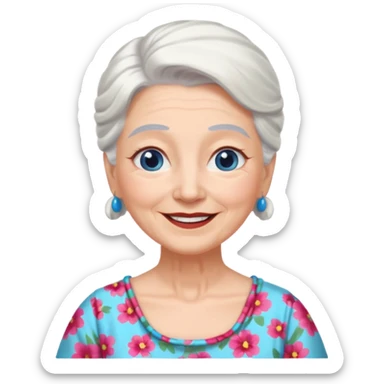 abuela con ojos azules, pelo blanco, pelo blanco y amarrado, aspecto feliz sticker
