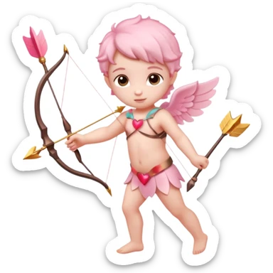 A small, delicate cupid figure or just a bow and arrow in soft pink shades, with the arrowhead shaped like a heart, glowing faintly, aiming forward  sticker