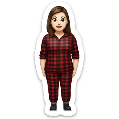 Plus size woman with straight brown hair and brown eyes wearing red and black buffalo plaid pjs. White skin. sticker