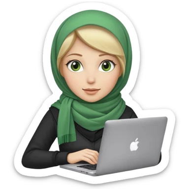 blond women skine , with green eyes , with scarf hijab ,dont show hir hair, with macbook sticker