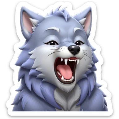 Cinematic Cute Yawning Werewolf Portrait Emoji, with a cuddly, miniature lupine form in soft moonlit grays and silvers, head leaning back in a big, adorable yawn that reveals a few fuzzy teeth, simplified yet irresistibly charming, highly detailed with a soft glowing outline that captures the drowsy, playful essence of a werewolf mid-nap! sticker