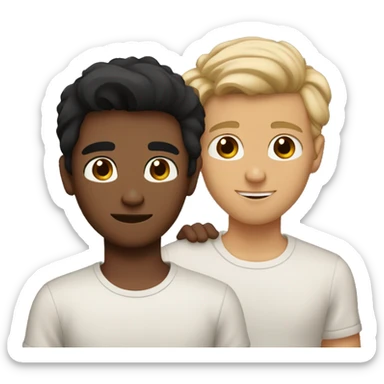 2 gay boys one with long black tan skin one with brown hair and. Light skin both brown eyes but the black hair make it dark eyes little and both wearing matching shirt hugging sticker