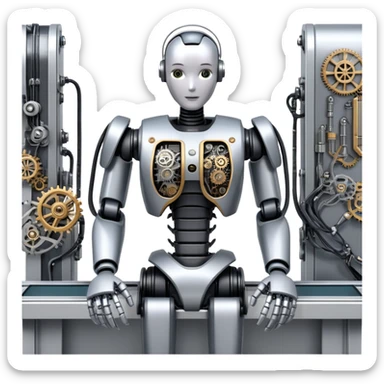 An icon featuring a humanoid robot assembling parts with mechanical arms, a circuit board in its chest, and a conveyor belt in the background. The design includes gears, sensors, and a robotic claw, symbolizing robotics innovation and automation. Transparent background sticker