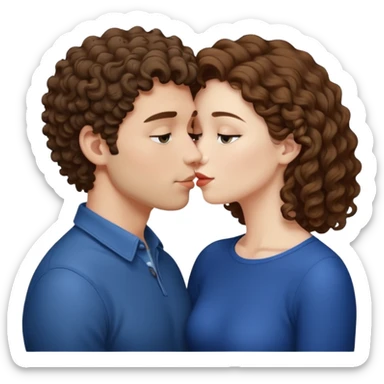 A couple kissing, the man would be white-skinned, short-curly, brown-haired. The serious woman with white skin, long hair and brown color sticker