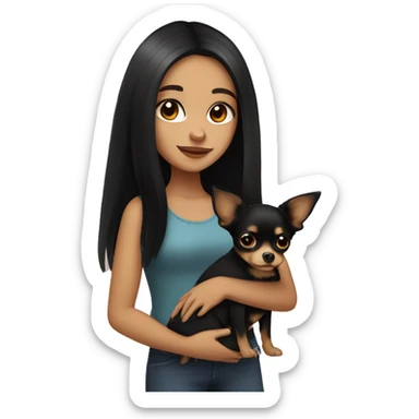 Pretty girl with long black hair, brown eyes, holding a black and tan chihuahua sticker