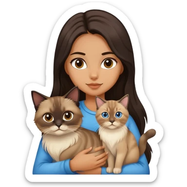 A girl with dark long hair holding a siamese cat and a siberian cat sticker