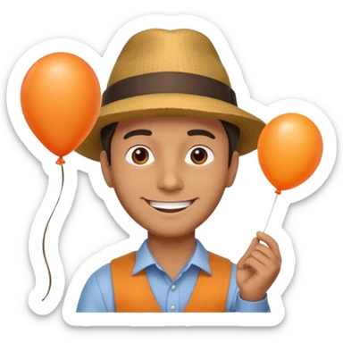 man with hat, holding orange balloon sticker