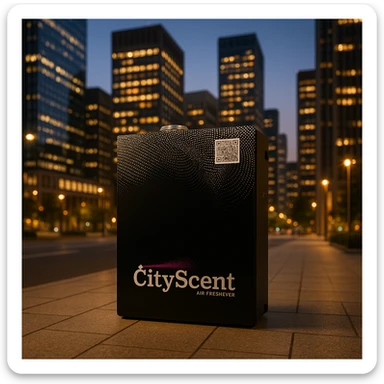 Place this exact CityScent air freshener machine in the center of a modern cityscape at evening, illuminated by ambient city lights, no people, focus on the machine. The style should be realistic and detailed to showcase the machine prominently in the cityscape. sticker