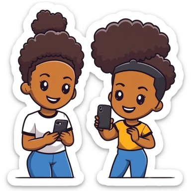 Afro-Caribbean woman smiling, holding iPhone, sending footage to a Black man with a skin fade, both smiling sticker