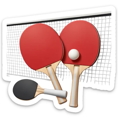 Two table tennis paddles and a ball placed on a ping pong table, with the net in the background. The scene conveys the simplicity and focus of the sport, with vibrant colors highlighting the rackets and ball on the smooth surface of the table. sticker