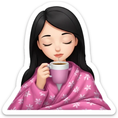black haired girl inside a pink blanket sipping coffee with eyes closed and lashes sticker
