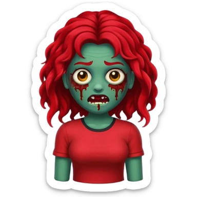Faça me um emoji de um zumbi mulher de cabelos vermelho escuro longos ondulado usando uma blusa preta, faça no estilo iphone sticker