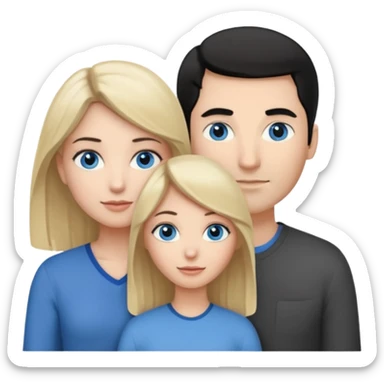 Blank woman with blond hair and blue eye color on left. And also a blank man with black hair and grey eye color in the middle. And a blank woman with brown hair and grey eye color on the right. Holding each other  sticker