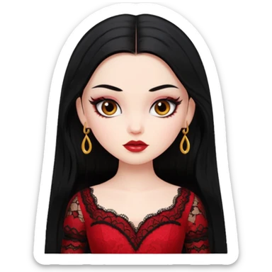 black hair, pretty, BLACK long black hair, pale skin, eyeliner, red lace clothes, brown eyes bratz baddie sticker