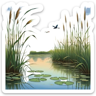 Cinematic Realistic Wetlands Emoji in a wooden frame, Peaceful and serene, with tall grasses swaying in the breeze and soft, muddy waters reflecting the sky above. Small birds and insects flit among the reeds while lily pads float lazily across the surface, punctuated by the occasional croak of a frog or splash of a fish. Soft glowing outline, capturing the essence of a calm, tranquil wetland brimming with life and natural beauty. sticker