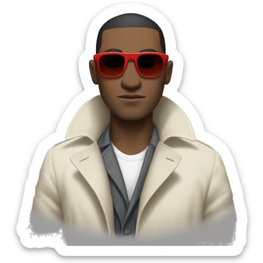 <excerpt>
A white man with real buzz cut Black hair, short mutton shops donning small red tinted sun glasses in a dirty white trench coat, is serious.
</excerpt> sticker