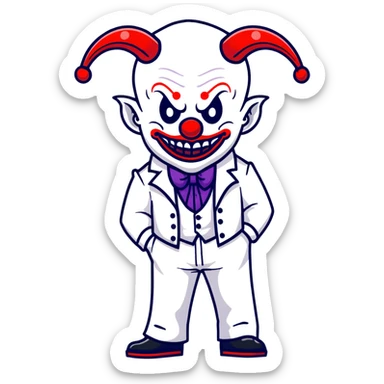 full-body demonic clown in a white leisure suit with bellbottom pants, bald, black ram horns, wearing elevator shoes sticker