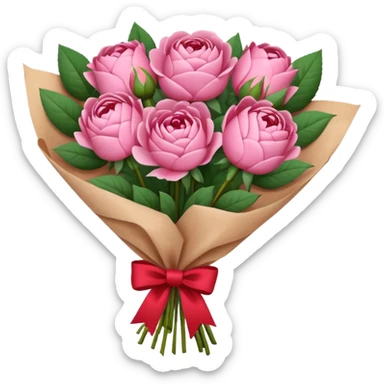 Bouquet of pink flower like rose and peony wrapped in kraft paper with red bow sticker
