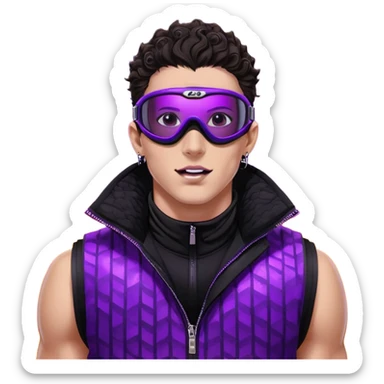 close-up of bad guy male athlete with white skin and moderately curly dark brown hair on top with shaved sides, wearing ski goggles with purple frames and very dark black lenses, a simple plain black chain necklace, and a completely unzipped sleeveless vest with purple and black sequin fire pattern design with no logo, with an extremely arrogant expression sticking his tongue out mockingly, looking menacing and villainous sticker