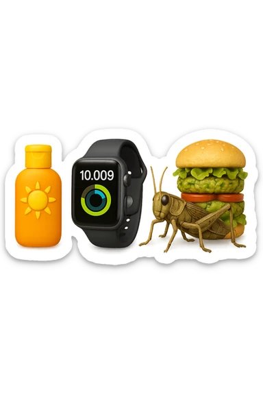 emoji stile iphone di una boccetta di CREMA SOLARE, UNO SMARTWATCH CONTAPASSI, UN GRILLO, UNA TORRETTA DI HAMBURGER FATTI CON I PISELLI, IPERREALISTICO 4K sticker