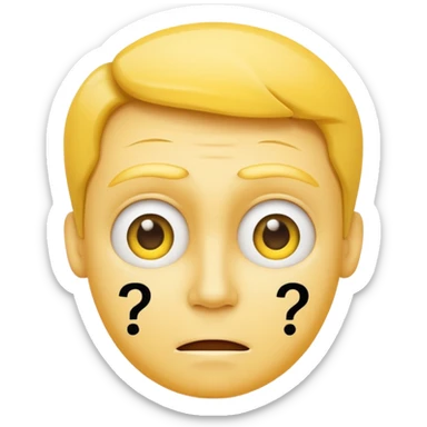 yellow face question mark emoji with furrowed brow, confused smile, two small question marks beside face sticker