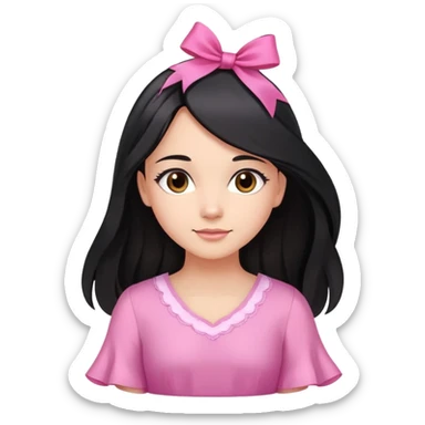 Beautiful girl with very long straight flowing black hair with small waves only at the ends, brown eyes, light skin, slight smile, pink ribbon in hair, and pink dress sticker