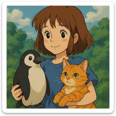 a girl holding a penguin and a cat, ghibli style sticker