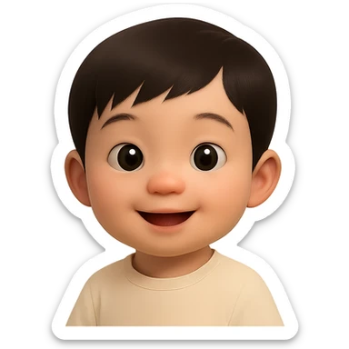 Increase realism to 70% while keeping the cute Asian baby boy emoji look, with no background and a soft glossy texture. Maintain the emoji style but enhance the realism and softness in the appearance. sticker