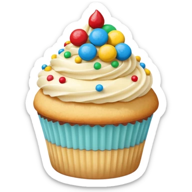 a soft vanilla cupcake with creamy frosting, decorated with scattered small, round, brightly colored candy-coated chocolates on top sticker