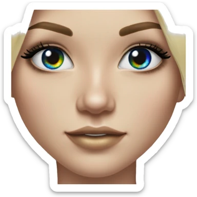 Hyperrealistic pretty white girl with blue eyes and long black hair with rainbow fringe. Wearing gold chain necklace has long eyelashes. sticker