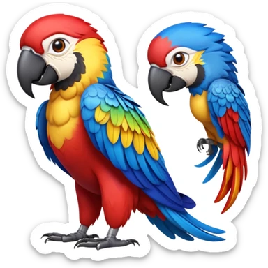 cinematic-macaw-realistic-full-body-standing-emoji,-vibrant-feathers-glowing-with-rich-reds,-blues,-and-yellows,-head-tilted-dramatically,-curved white-beak-gleaming,-piercing-dark-eyes-exuding-confidence,-simplified-yet-realistic-focused sticker