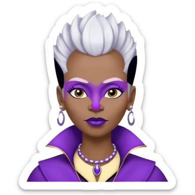 57yr old Qeen black woman with a long shaped face with white colored  natural hair mohawk style haircut adorning purple royalty clothing and purle lipstick, pointed shaped eyebrows, with a nose studs on each nostril  sticker