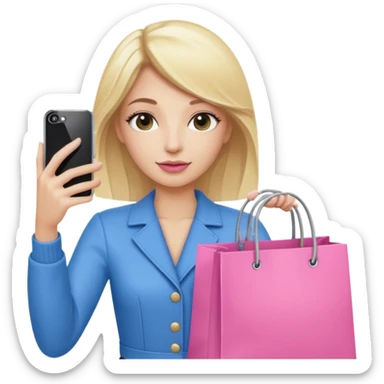 Blond influencer taking selfie with an iphone with one hand and a pink shopping bag in the other hand sticker