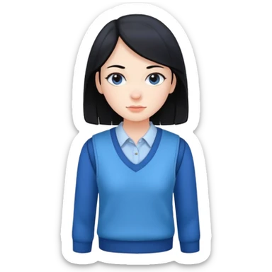 make a girl hair short black and wear bunny skin pale ok and wear Sweater vests blue and make little bit a younger sticker
