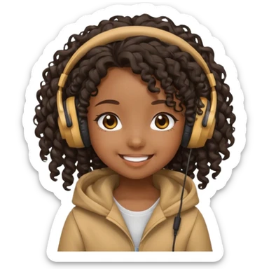 chibi anime black girl long curly hair smiling with head phones on sticker