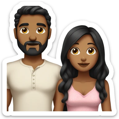 Medium skinned toned short bearded man with black hair kissing medium skin toned girl with black long hair wearing pajamas sticker