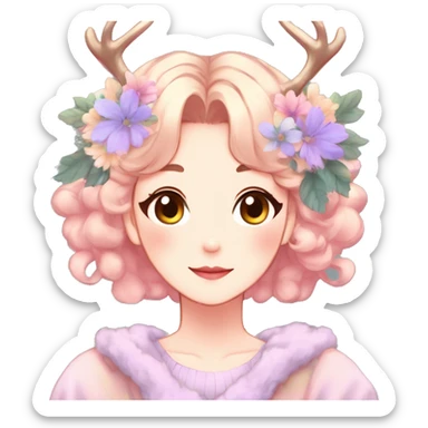 Gorgeous Shiny Colorful Pastel Anime Style Mature Lady with blushing face and pretty hair with a flower crown and antlers pastelcore kawaii cottagecore aesthetic trending style sticker