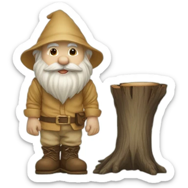 side view of gnome with light tan pants and light tan boots squatting above small brown log sticker