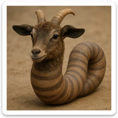 Make this goat-worm hybrid more realistic with a natural goat face and ears, smooth worm body with realistic skin texture, and naturalistic colors. Render in photorealistic style with no cartoon features. sticker