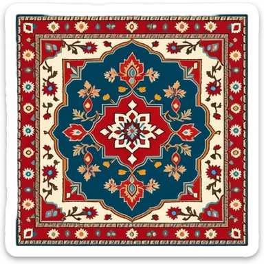 Cinematic Realistic depiction of a richly patterned Turkish carpet, rendered with exquisite details and vibrant colors, set against a soft, warmly lit background that emphasizes its artisanal craftsmanship sticker