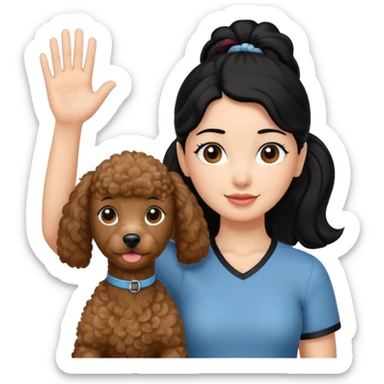 Ponytail black hair girl with brown Poodle say goodbye  sticker