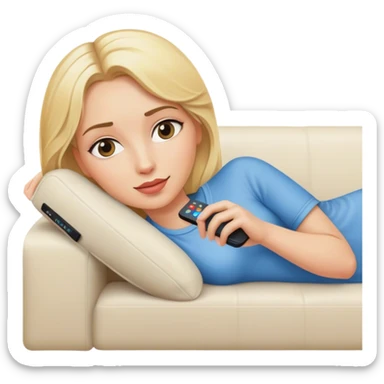 a blonde woman laying in a coach with a remote in her hand sticker